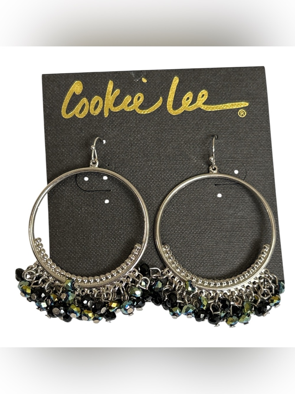 Cookie Lee Silver Hoop Earrings with Black and Iridescent Crystal Beads